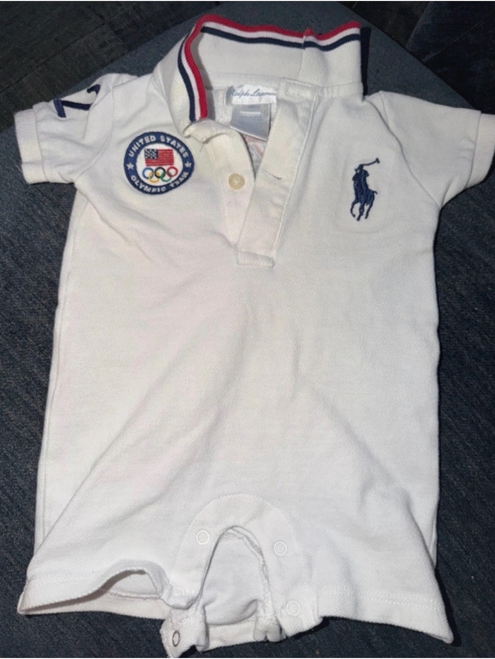 Ralph Lauren White Polo-Style Baby One-Piece with Navy Pony
